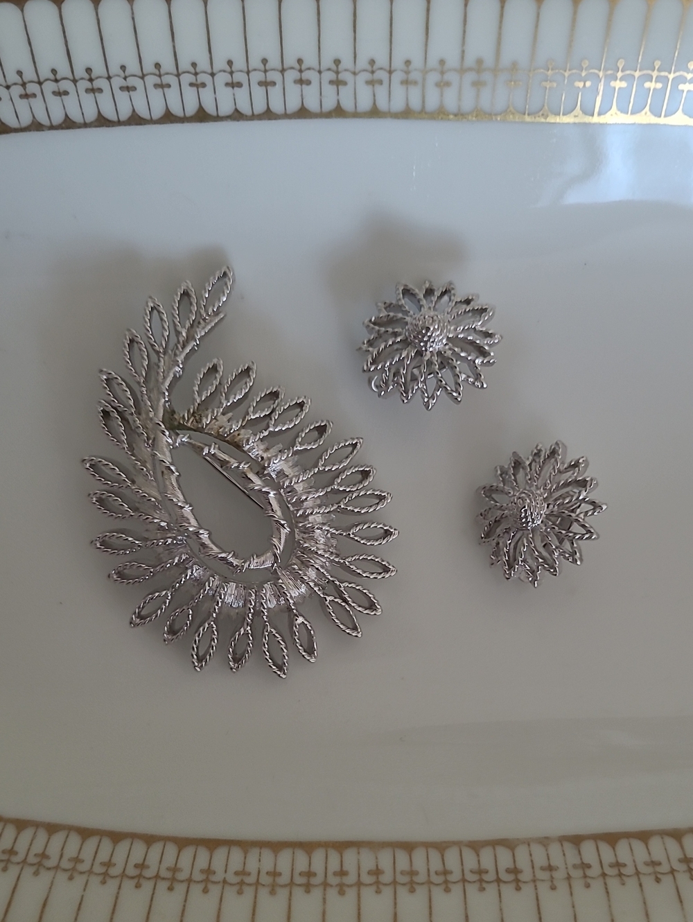 Vintage Signed D'Orlan 4161 Silver-tone Flower Brooch and Earring Set